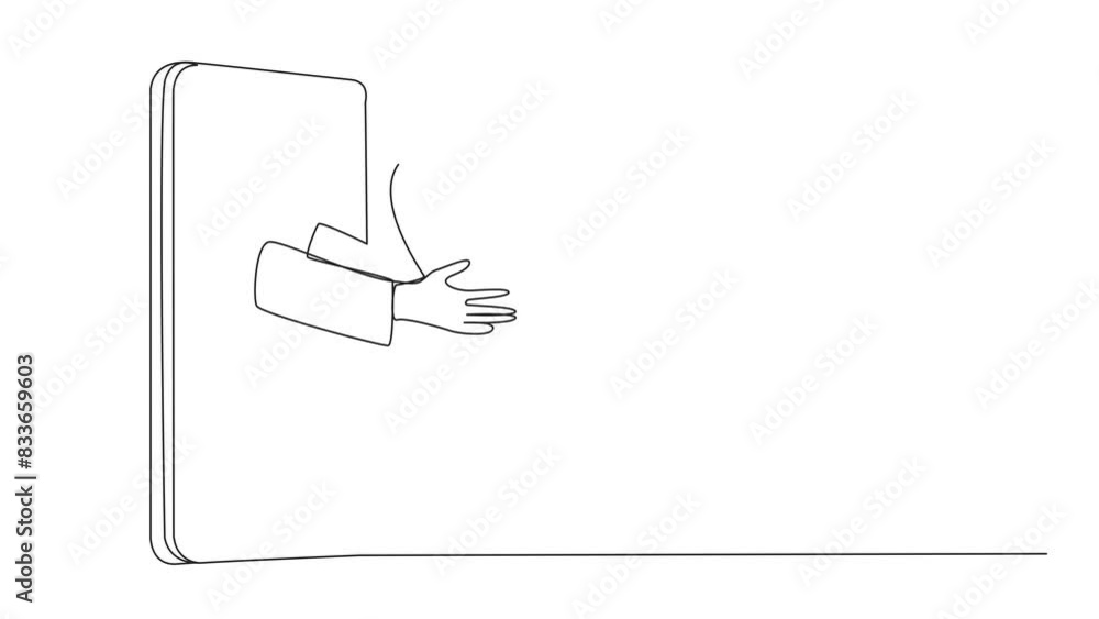 Aufkleber animated self drawing of single continuous line drawing hand coming out from the middle of smartphon