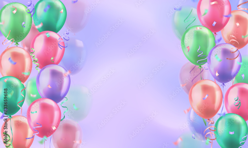 Poster template of background with 3d pastel colorful realistic balloons with confetti ribbons frame and em