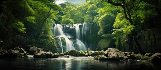 Waterfall green nature. Creative banner. Copyspace image