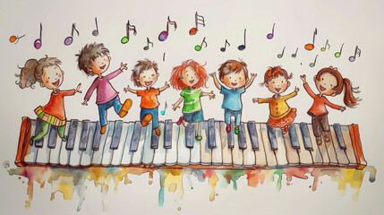 Cartoon Drawing of Kids Dancing on Musical Notes