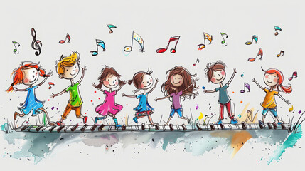 Cartoon Drawing of Kids Dancing on Musical Notes