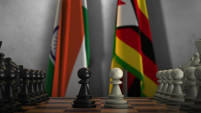 Zimbabwe and India Flags with Chess Game Animation. Politics Concept, Government Conflict