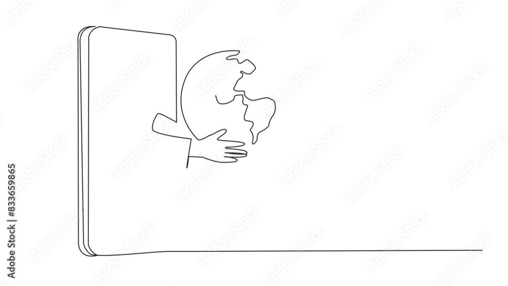 Poster animated self drawing of continuous line drawing the hand comes out from the middle of the smartphon