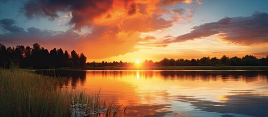 Sunset over the pond in summer. Creative banner. Copyspace image