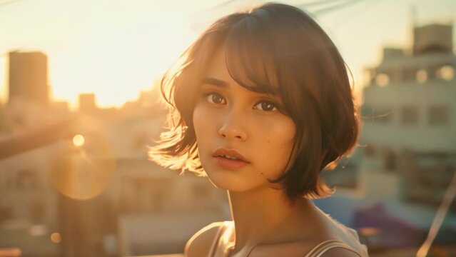 Asian lady with a pixie cut poses on a rooftop overlooking a colorful cityscape portrait of a beautiful looking at camera smiling in a cute sunset photo