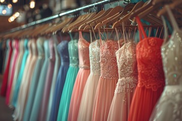 A collection of colorful pastel evening gowns neatly arranged on hangers