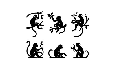 set of silhouettes of monkeys in black and white