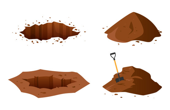 Ground pit and pile with a shovel. Cartoon hole in a soil. Vector illustration isolated on a white background.