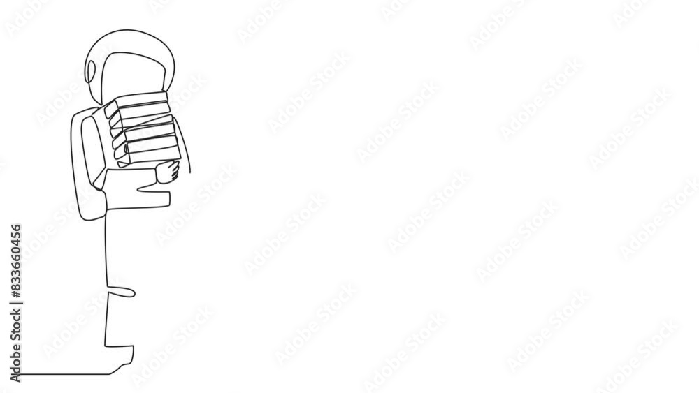 Poster animated self drawing of one line drawing astronaut standing hug some books. favorite book that fini