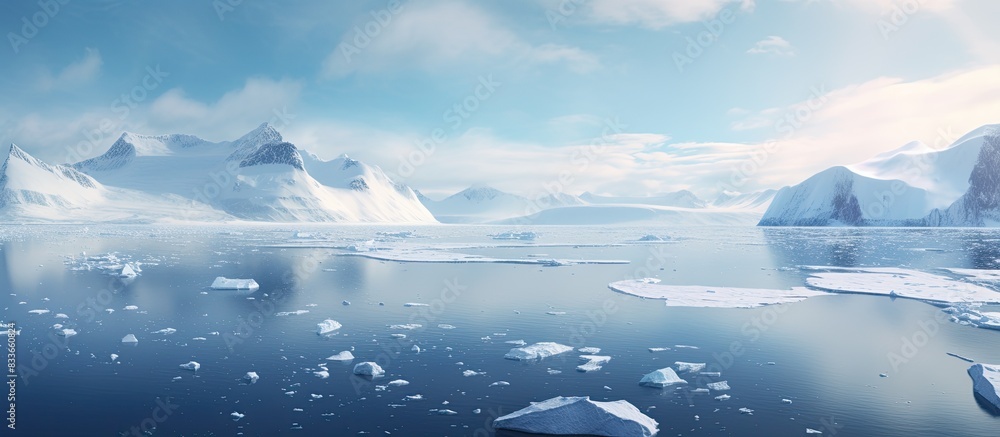 Sticker Curved shoreline where the snow meets the ice filled water in Antarctica. Creative banner. Copyspace image