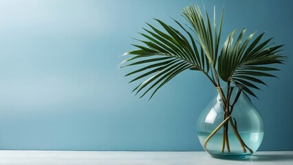 palm leaf in a vase on light blue background with copy space, Summer background 