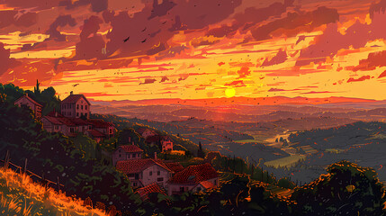Digital painting of a sunset over the hillside village in the countryside