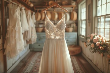 The elegant lace wedding dress against a rustic cabin backdrop creates a serene and timeless scene