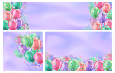 Template of 3d colorful realistic glossy balloons with confetti ribbons on blurred backgrounds and copy space for invitation or greeting text. Set of banners for birthday party, sale, opening, holiday