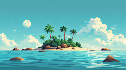 Paradise island, graphic illustration of mystery tropical desert island with coconut trees is settled in nowhere and middle of ocean. Unknown island surrounded by blue sea and cloudy sky.
