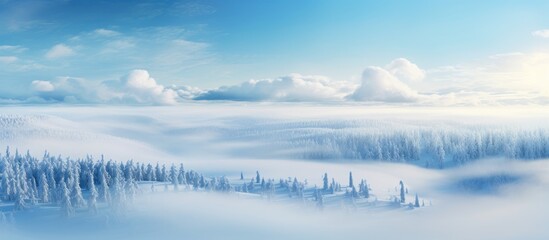Naklejka premium Landscape winter forest cloud sky sunny day From above. Creative banner. Copyspace image