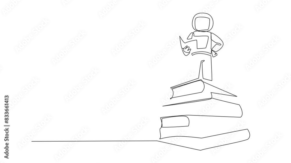 Poster animation of continuous line drawing astronaut standing on a pile of books reading fiction story boo