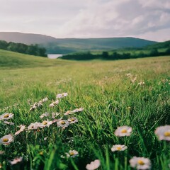 Beautiful spring and summer natural panoramic pastoral landscape with blooming fields of daisies in the grass in the hilly countryside