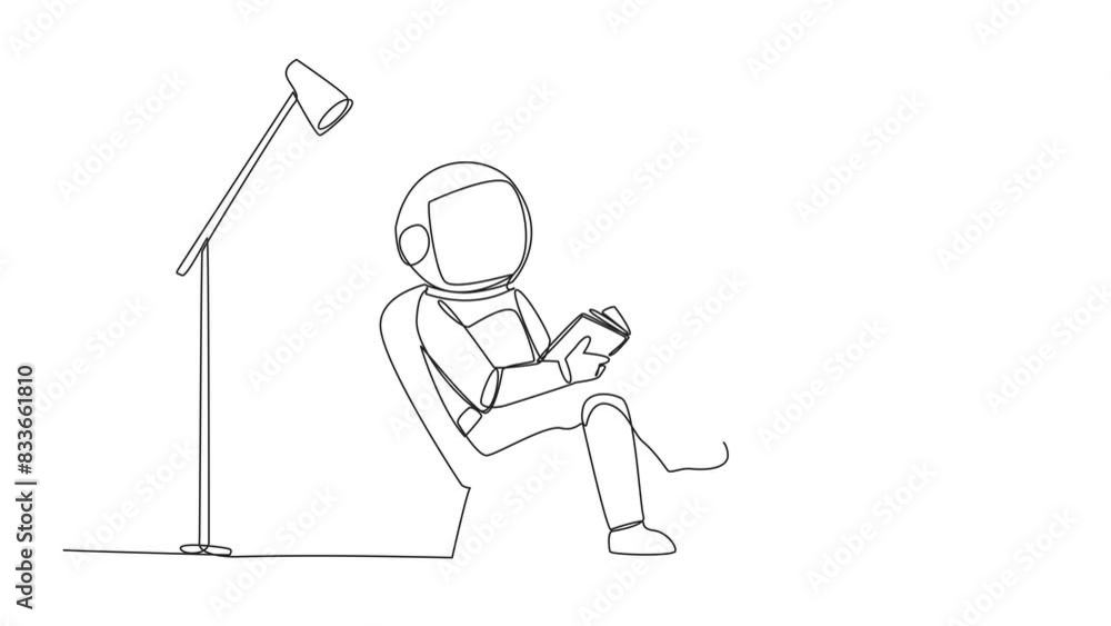 Poster animation of continuous line drawing astronaut sitting reading in room with reading lamp. spending h