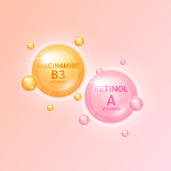 Retinol or vitamin A orange and Niacinamide or vitamin B3 pink. Helps keep skin moisturized and youthful. For cosmetic advertising medical beauty. Vector EPS10.