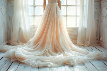 Luxurious bridal gown with a long flowing train in a bright, elegant room