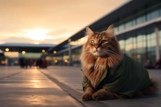 Portrait of a funny somali cat while standing against bustling airport terminal background