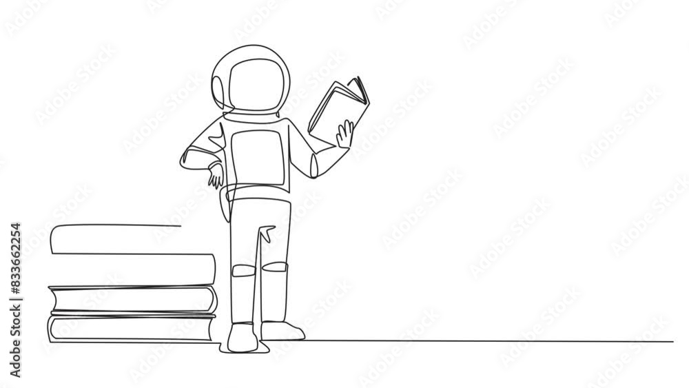 Poster animated self drawing of single continuous line drawing astronaut standing reading book while leanin