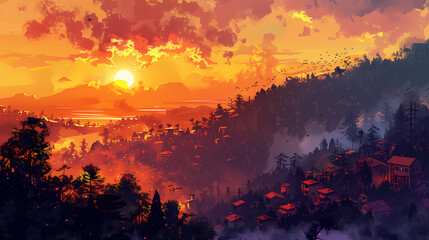 Digital painting of a sunset over the hillside village in the countryside