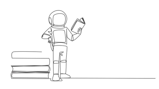 Animated self drawing of single continuous line drawing astronaut standing reading book while leaning against a pile of large books. Very happy when reading. Full length single line animation
