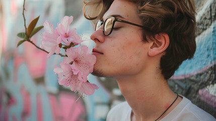 Fototapeta premium Candid shot of a young man enjoying the scent of a pink flower, standing in front of an urban wall, blending natural beauty with a cityscape ambiance.