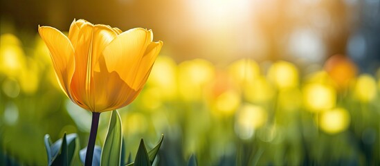 Close up flowers background Amazing view of colorful yellow tulip flowering in the garden and green grass landscape at sunny summer or spring day. Creative banner. Copyspace image - Powered by Adobe