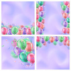 Template of greeting cards with 3d colorful realistic glossy balloons with confetti ribbons and copy space for invitation or greeting text. Set of square banners for birthday party, sale, holiday