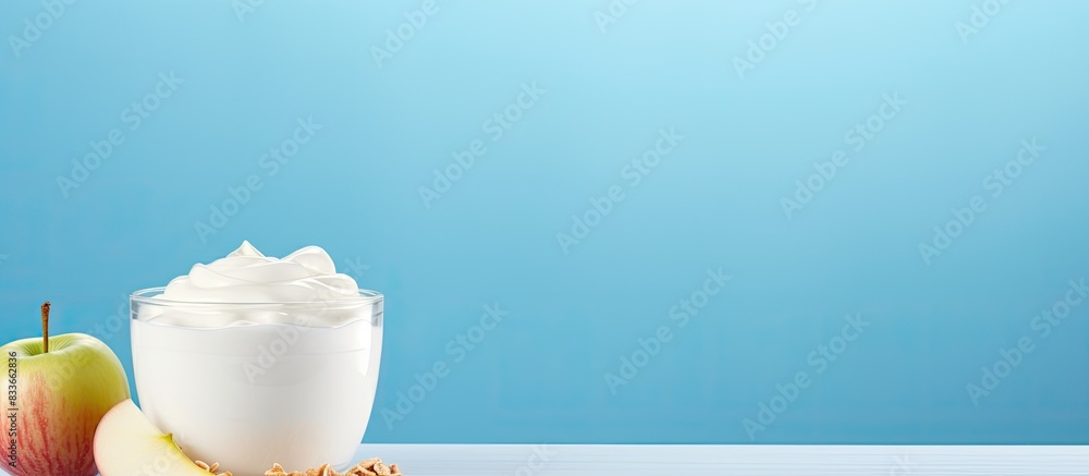 Poster yogurt with apples on a light background. creative banner. copyspace image