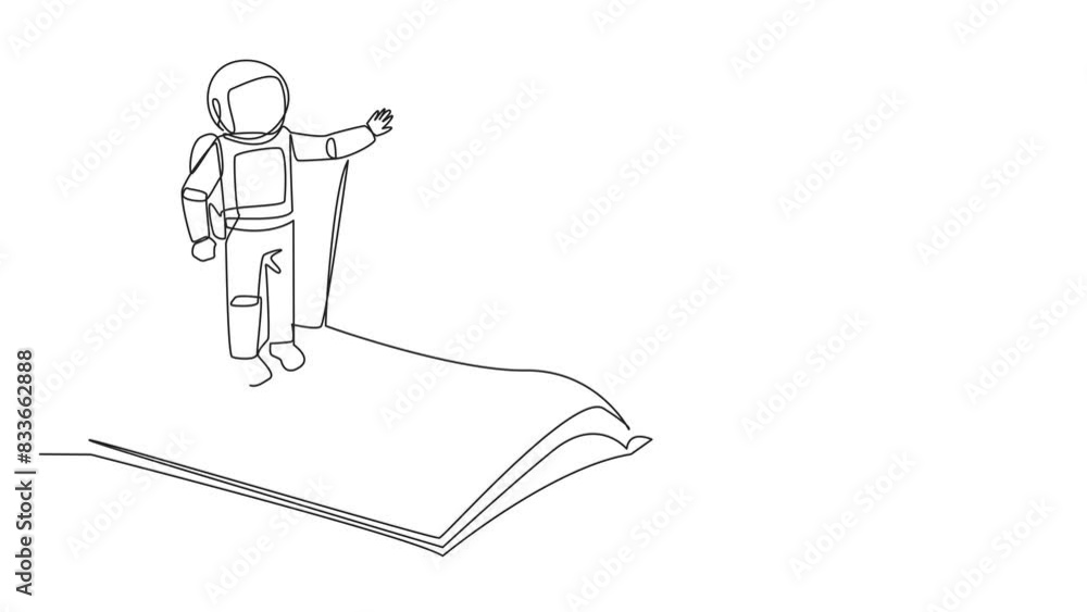 Poster animated self drawing of continuous line drawing astronaut standing over open ledger turning page. r