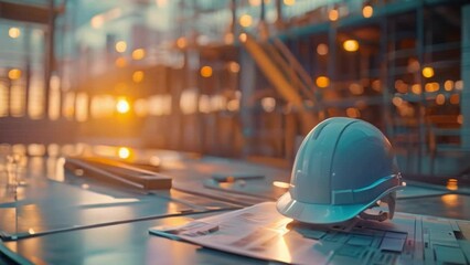 Engineer hard hat at a golden sunset on a city construction site The project schedule for creating and constructing residential and commercial buildings in the evening on the construction site.