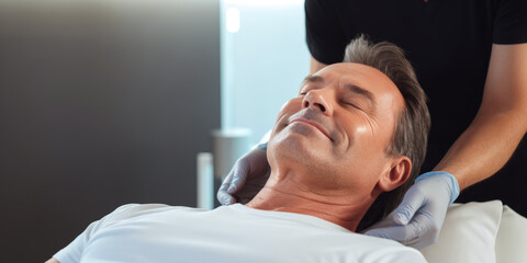 Middle-aged Hispanic man receiving a cosmetic procedures, injections or massage. In a well-equipped cosmetic clinic.