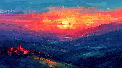 Digital painting of a sunset over the hillside village in the countryside