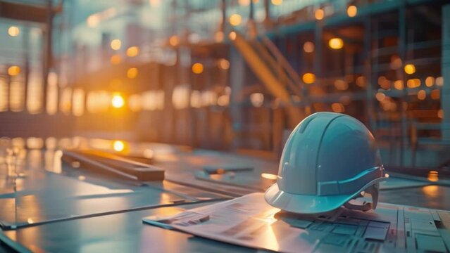Engineer hard hat at a golden sunset on a city construction site The project schedule for creating and constructing residential and commercial buildings in the evening on the construction site.