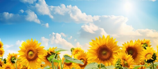 Obraz premium fading sunflowers in the summer blooming at the end of flowering sunflowers in the summer in the field. Creative banner. Copyspace image