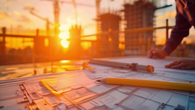 A construction site with construction plans displayed against an architectural backdrop. Evenings will be spent creating and building residential units on the construction site