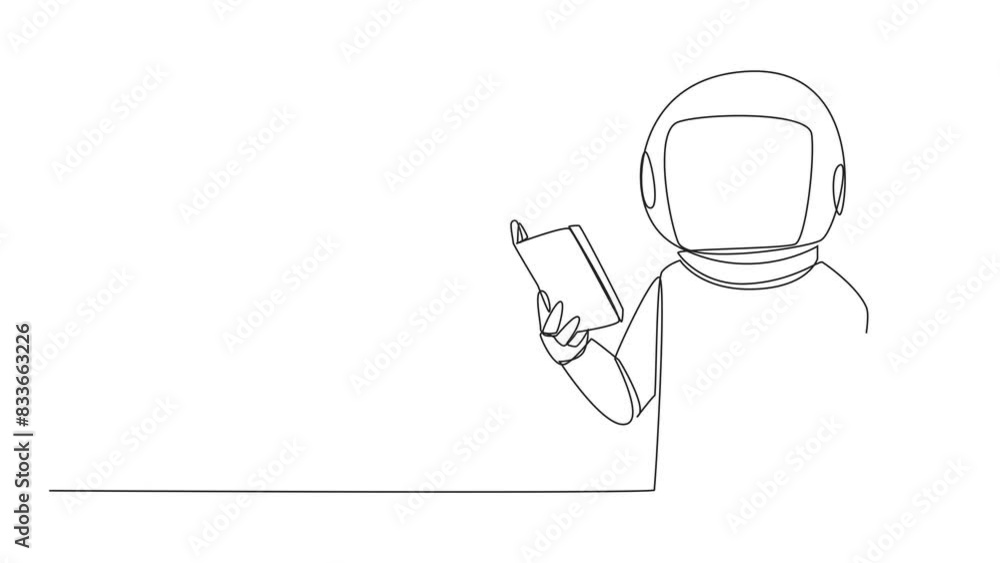 Poster animated self drawing of continuous line drawing astronaut standing reading book. book can see from 