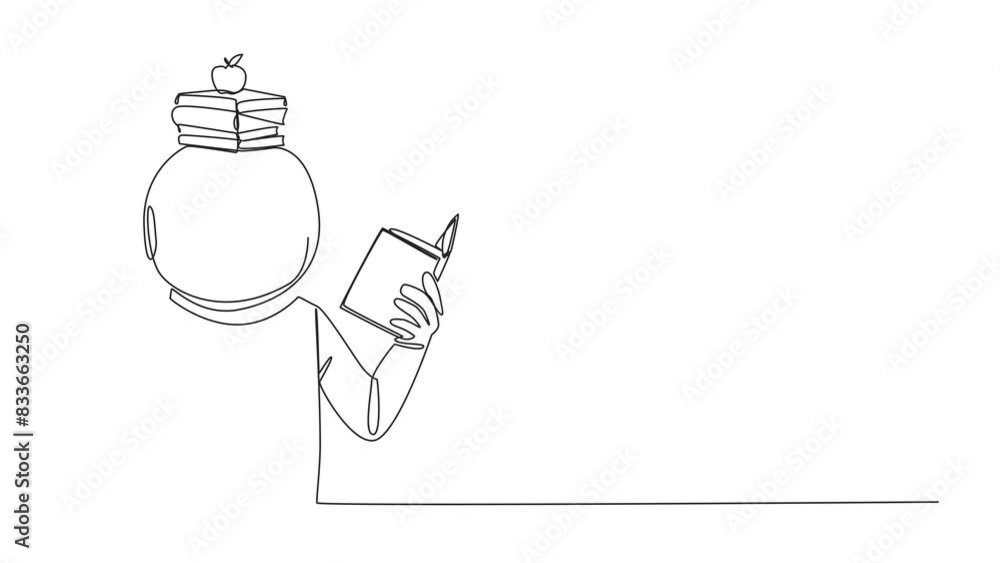 Poster self drawing animation of one line drawing astronaut reading book practicing balance. stack books on