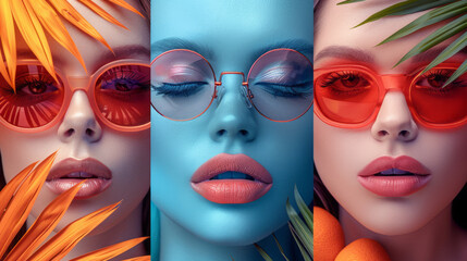Obraz premium Fashion Models in Vibrant Sunglasses with Citrus and Tropical Background