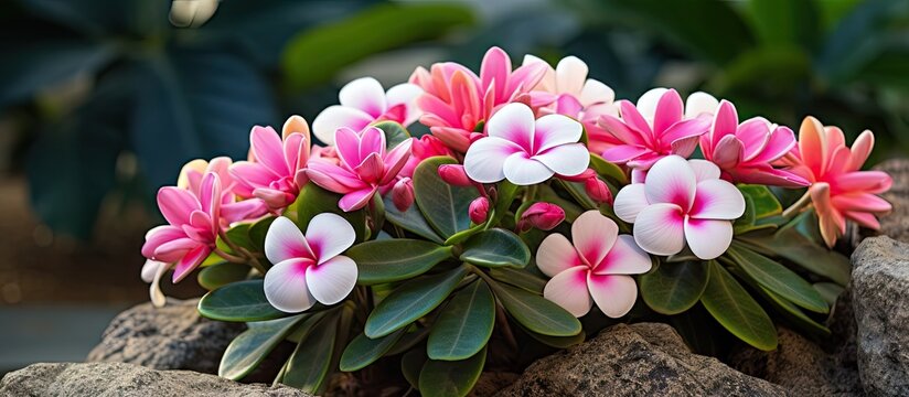 Blooming Pink adenium with wihte on the centre Beautiful bunga kamboja Japanese frangipani adenium ornamental plant succulent flowering plant adenium as desert rose exotic tropical flower