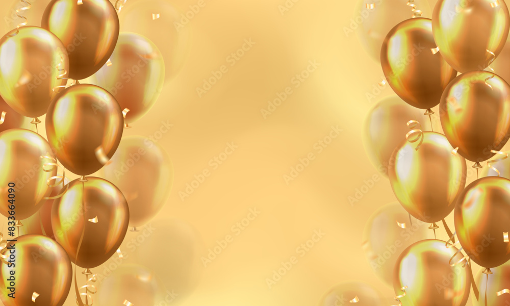 Wall mural template of background with 3d golden realistic balloons with confetti or ribbons frame and empty sp