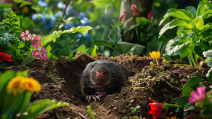 Obraz premium Close-up of a mole peeking out from a molehill in a lush garden, surrounded by green plants and colorful flowers, capturing a curious moment in nature.