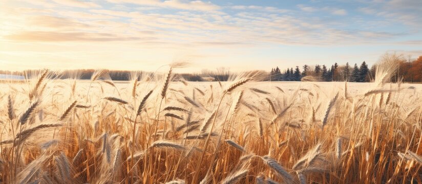 Winter wheat triticum aestivum Euclide on agricultural wheat field background toned. Creative banner. Copyspace image