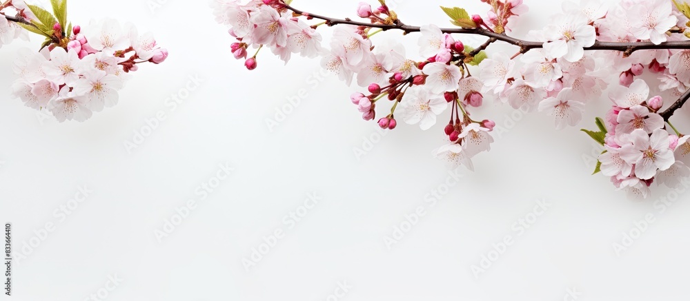 Poster cherry tree branch with blooming flowers over white background. creative banner. copyspace image