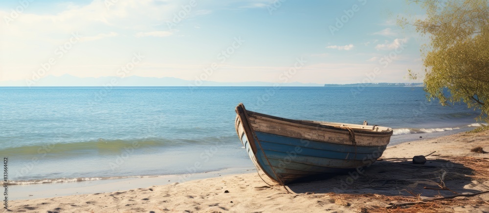 Poster beached worn old row boat by grass. creative banner. copyspace image