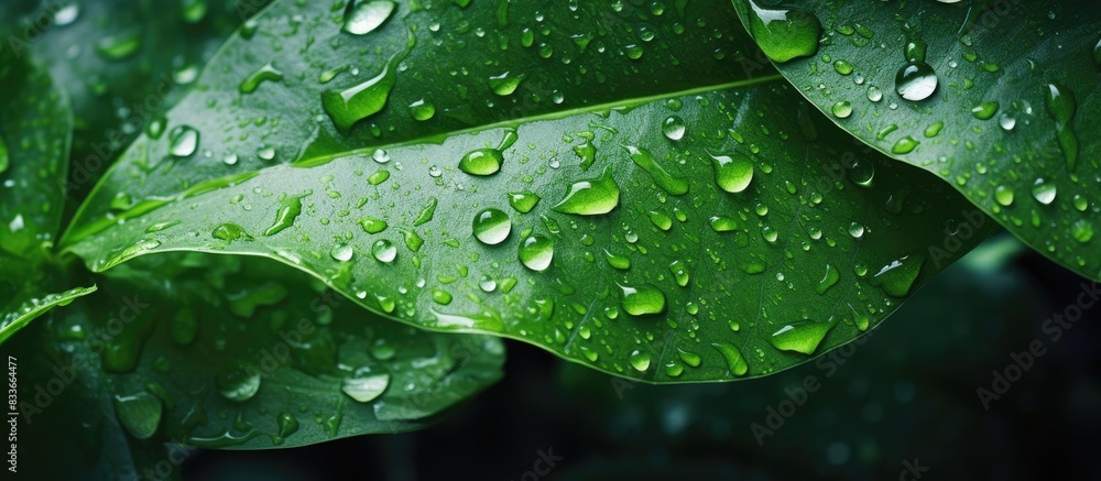Poster beautiful natural fresh background of green leaf with holes bone lines dew drops on a leaves surface